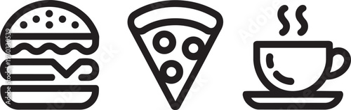 Food and drink icons featuring a delicious hamburger, a slice of pizza, and a steaming hot beverage