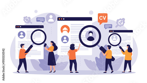 Human resources team using magnifying glasses to examine candidate resumes and cv profiles representing careful recruitment and talent acquisition process.