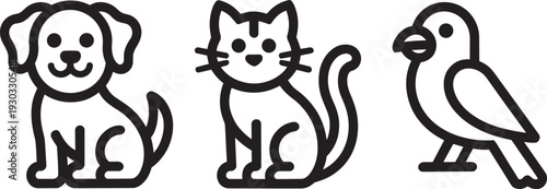 Domestic animal and bird icons featuring a happy dog, a sitting cat, and a perched parrot