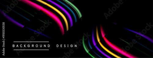 Abstract colorful lines overlap black background. Modern design elements create dynamic visual impact. Minimalist text labels bottom center.