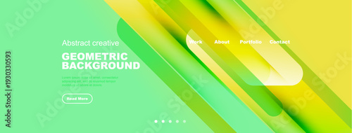 Abstract geometric background. Vibrant green, yellow gradients create dynamic visual effect. Navigation menu present, text included.