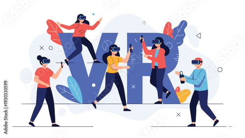 Group of people experiencing immersive virtual reality with headsets and controllers around large vr letters representing advanced gaming and technology.