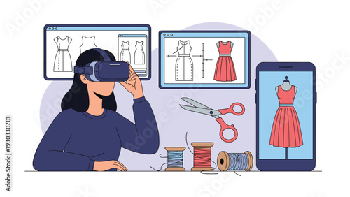 Fashion designer wearing virtual reality headset to create digital dress patterns on screen with sewing tools illustrating modern apparel industry technology.