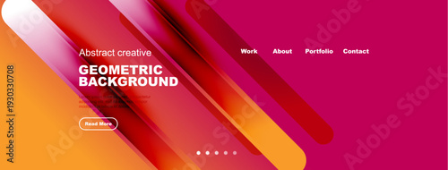 Dynamic abstract design. Vibrant gradients, geometric shapes create modern visual impact. Text overlays promote content access.