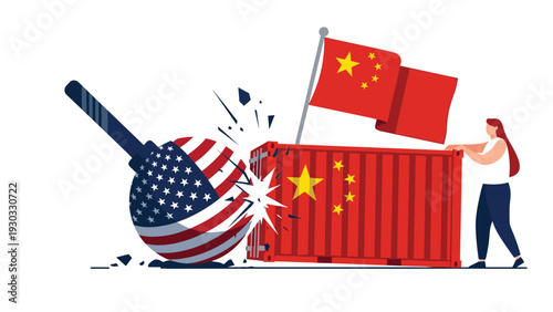 Trade war concept showing wrecking ball with American flag hitting shipping container with Chinese flag representing international economic conflict and tariffs.