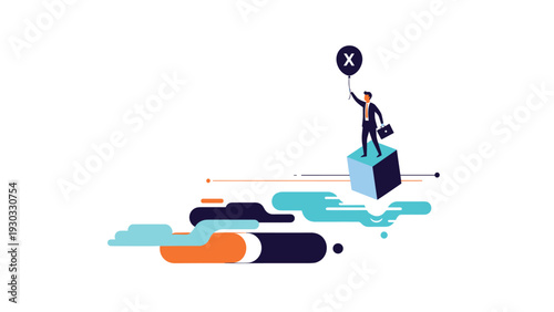 Businessman standing on floating geometric cube holding a balloon with letter x representing social media platform rebranding and digital marketing identity.