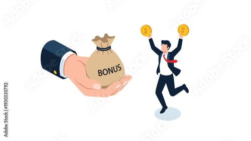 Large hand presenting money bag labeled bonus to a joyful businessman holding gold coins representing employee reward and financial success incentive.