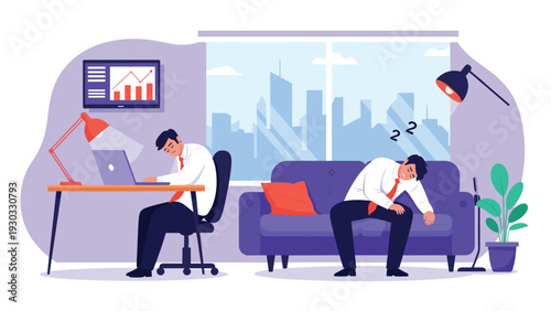 Two exhausted office workers sleeping at their desks and on sofa representing overtime fatigue burnout and lack of sleep in corporate environment.