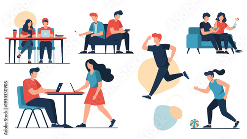 Diverse people engaged in various daily life activities including working at laptops running playing football and relaxing on a sofa together.