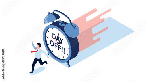 Enthusiastic businessman running away from giant alarm clock displaying day off message representing escape from work and start of vacation time.