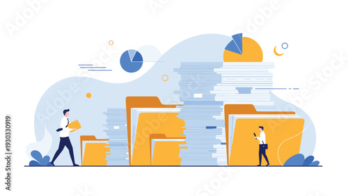 Office workers navigating through giant stacks of folders and documents representing massive data storage and administrative archive management.