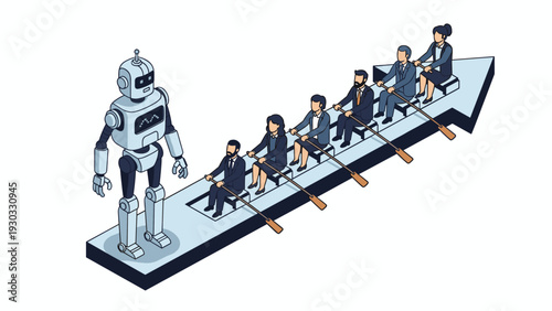 Large industrial robot acting as a leader for team of business people rowing an arrow boat representing ai-driven management and future of work.