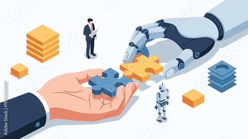 Human and robotic hands collaborating to connect puzzle pieces symbolizing partnership between mankind and artificial intelligence in technology development.