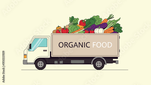 Delivery truck with a container filled to the top with fresh organic vegetables including carrots, peppers, lettuce, and cabbage for transport.