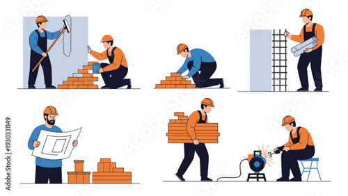 Professional construction workers performing different building tasks including bricklaying, welding, carrying materials, and reading blueprints.