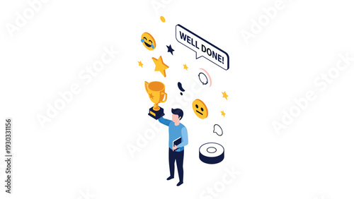 Happy man holding a golden trophy surrounded by positive social media emojis, stars, and a well done speech bubble for successful work.