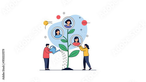 Man and woman watering a growing green tree that has human faces in bubbles instead of fruit representing talent management and growth.
