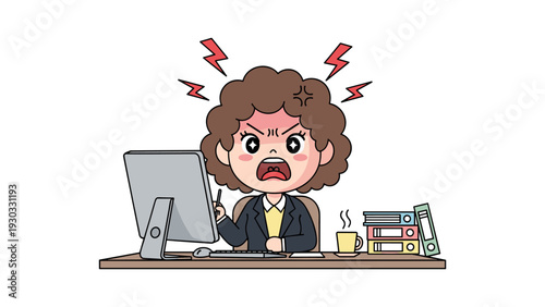 A frustrated office worker sitting at a desk with a laptop expressing anger with lightning bolts around the head