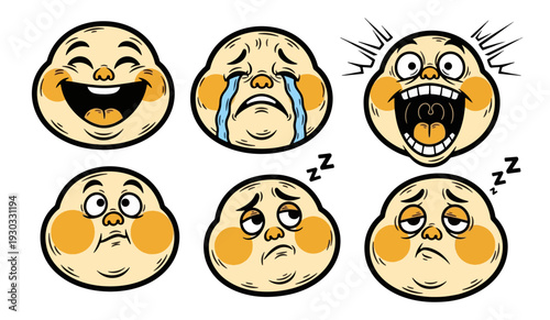 Set of Six Cartoon Emoji Faces with Various Expressions