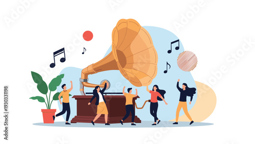 Group of happy people dancing and celebrating with music coming from a giant vintage gramophone on a stylish abstract background.