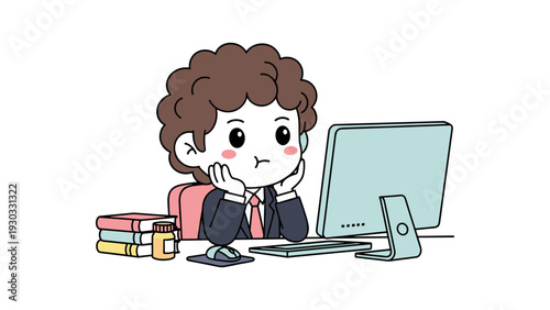 A cartoon character with curly hair sitting at a desk with a laptop and books