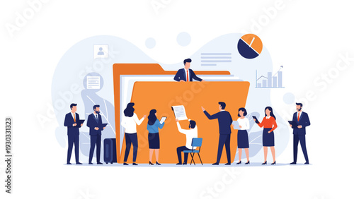 Group of business people working together to organize documents inside a giant orange folder with charts and digital icons around them.