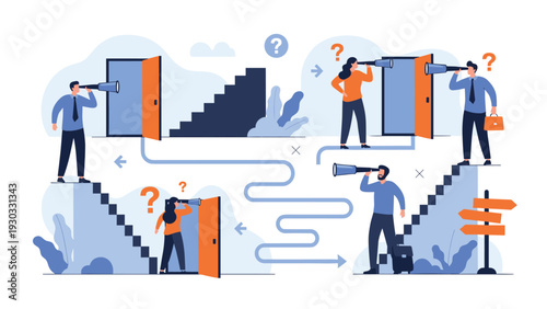 People using telescopes to look through multiple doors and stairs representing career choices, opportunities, and future planning paths.