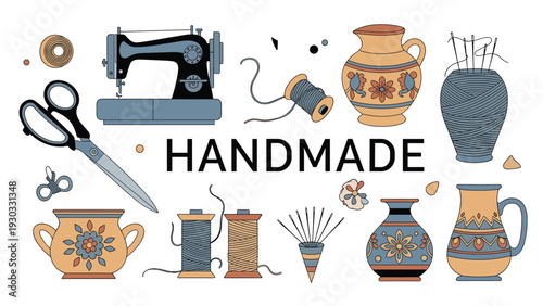 Collection of handmade craft items including a sewing machine, scissors, pottery vases, thread spools, and needles for creative hobbies.