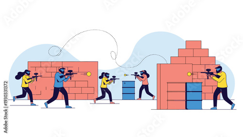 Group of people in protective gear playing a competitive paintball game behind brick walls and barrels in an outdoor arena field.