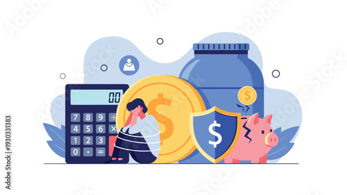 Stressed person sitting tied with ropes surrounded by giant calculator, coins, piggy bank, and safe shield symbols of debt and finance.