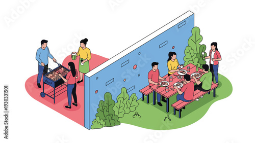 Group of friends enjoying a barbecue party in a backyard with a grill, picnic tables, food, drinks, and social interaction.