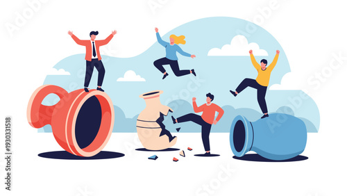 Happy people jumping, kicking, and standing on giant colorful vases representing breaking traditions or creative expression in art.