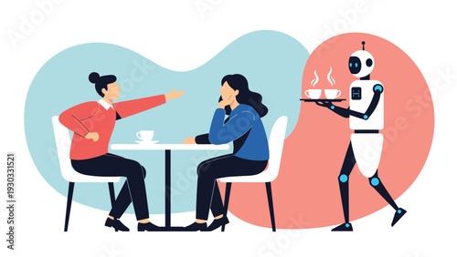 Advanced robot waiter serving hot coffee on a tray to two women sitting at a table in a modern cafe or restaurant setting.