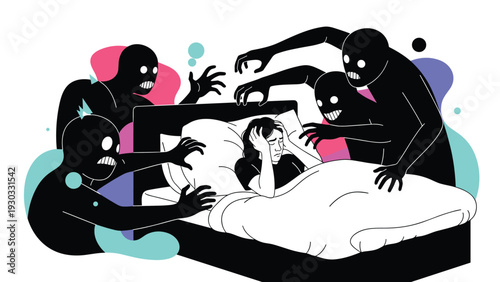 Terrified person lying in bed surrounded by dark monstrous shadows representing nightmares, fear, anxiety, and sleep disorders.