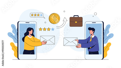 Two people on mobile screens exchanging envelopes and ratings representing online payments, customer reviews, and feedback services.