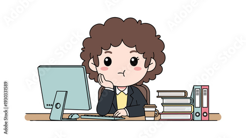A young animated character with curly hair sitting at a desk using a computer and looking thoughtful