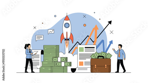 Rocket taking off behind a mountain of money stacks, a briefcase full of cash, and business people representing a successful startup launch.