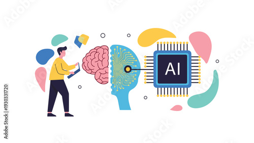 Man using a laptop next to a giant brain symbol connected to a computer chip with the ai text representing machine learning and tech.