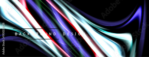 Abstract fluid shapes, vibrant colors, dynamic flow. Modern design element with glossy texture, dark background.