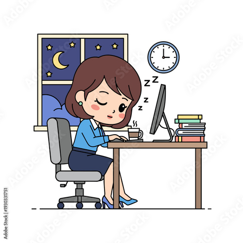 A woman falling asleep at her desk while working late at night on a computer