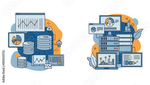 Collection of data analysis icons including servers, charts, graphs, databases, and monitoring screens for business information systems.