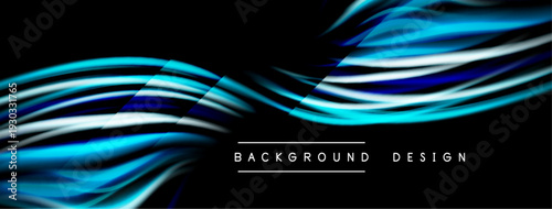 Abstract blue waves over black background. Dynamic lines create flowing, modern design. Minimalist text labels bottom center.