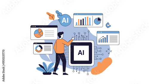 Businessman pointing at a giant artificial intelligence processor chip surrounded by various data charts, graphs, and digital icons.