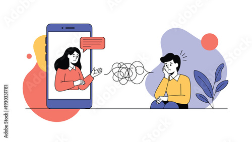 Distressed person talking to a psychologist on a mobile screen for online mental health support and counseling sessions via a smartphone app.