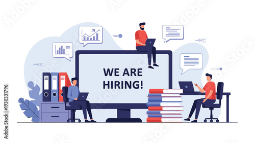 Team of professionals working together around a large computer screen with we are hiring message for job recruitment concept.