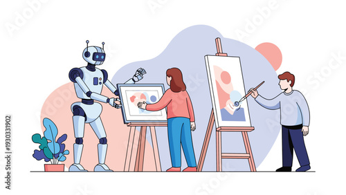 Human artists and a sophisticated robot working side by side in a creative studio painting abstract art on various wooden easels.