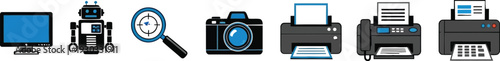 Office equipment vector illustration, flat design graphic with computer, robot, magnifying glass, camera, printer, scanner, fax machine on gray background