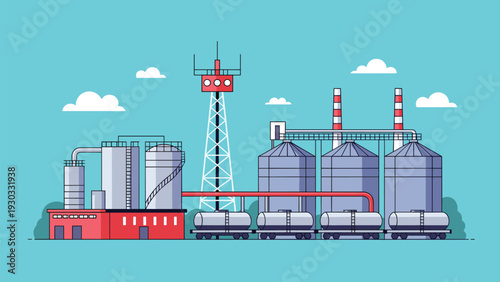 Large industrial manufacturing complex with storage tanks and railway tankers for transporting chemicals or petroleum products.