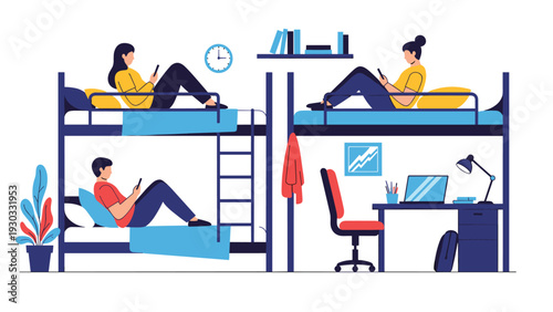 Group of young students relaxing and studying in their shared dormitory room with bunk beds while using smartphones and a laptop.