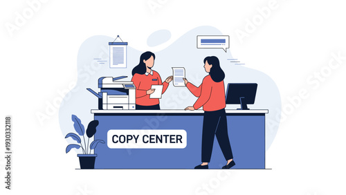 Female employee assisting a customer at a professional copy center service counter with a modern office printer and document scanner.